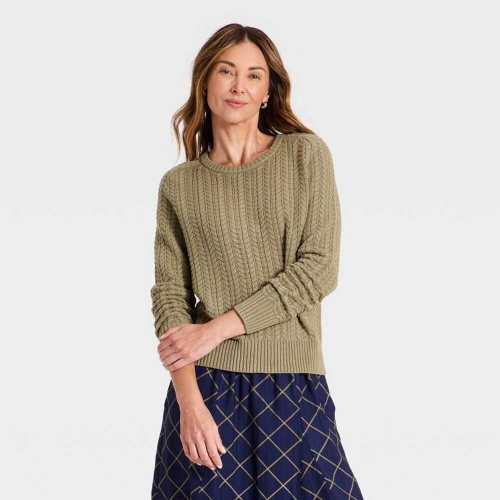 Women's Pointelle Pullover Sweater - A New Day Olive Green S